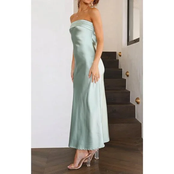 Women's Sage Cocktail Satin Staples Tube Bodycon Backless Party Maxi Dress - Picture 3 of 7